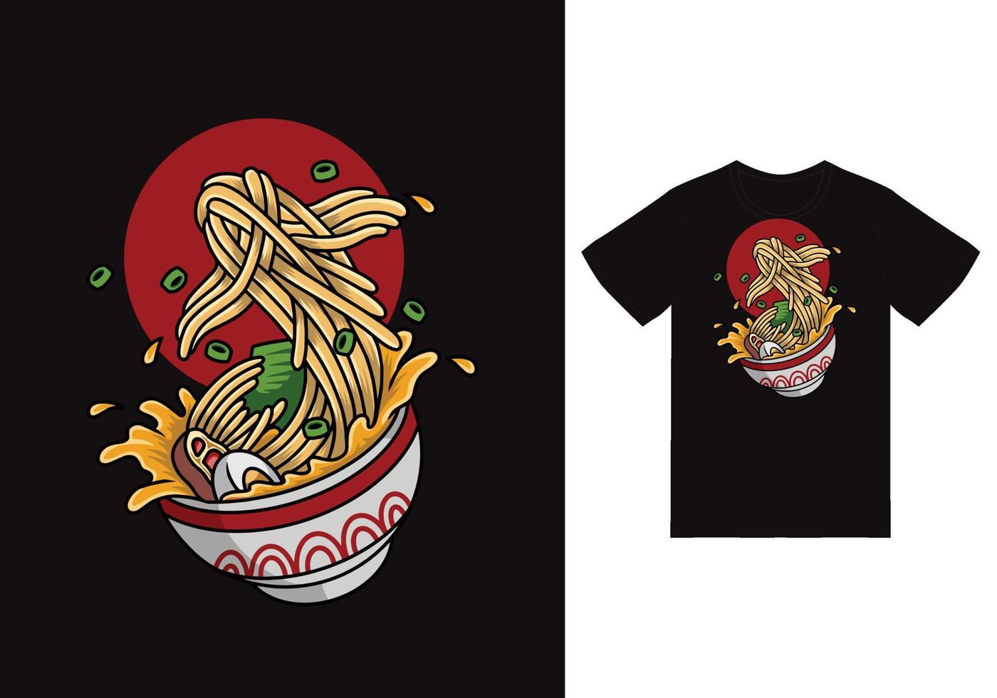 Fish ramen noodles illustration with tshirt design premium vector