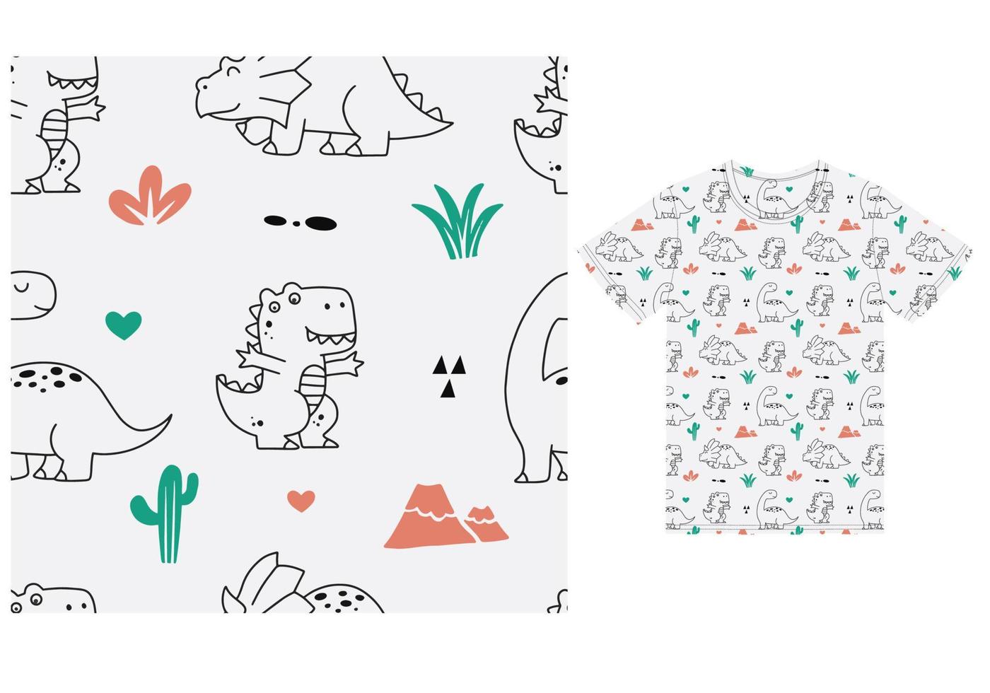 Cute seamless dino illustration with tshirt design premium vector