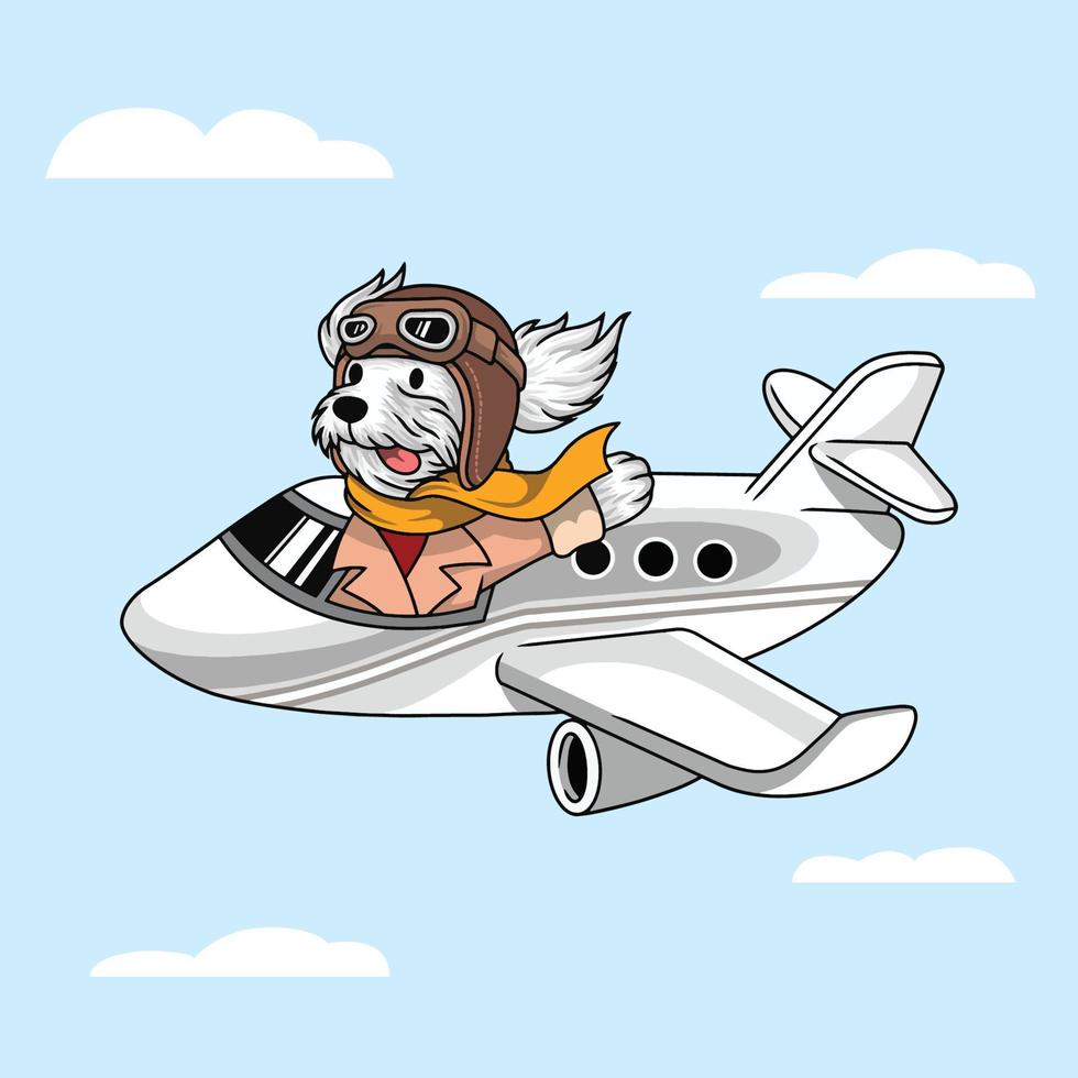 Cute dog flying with airplane cartoon premium vector