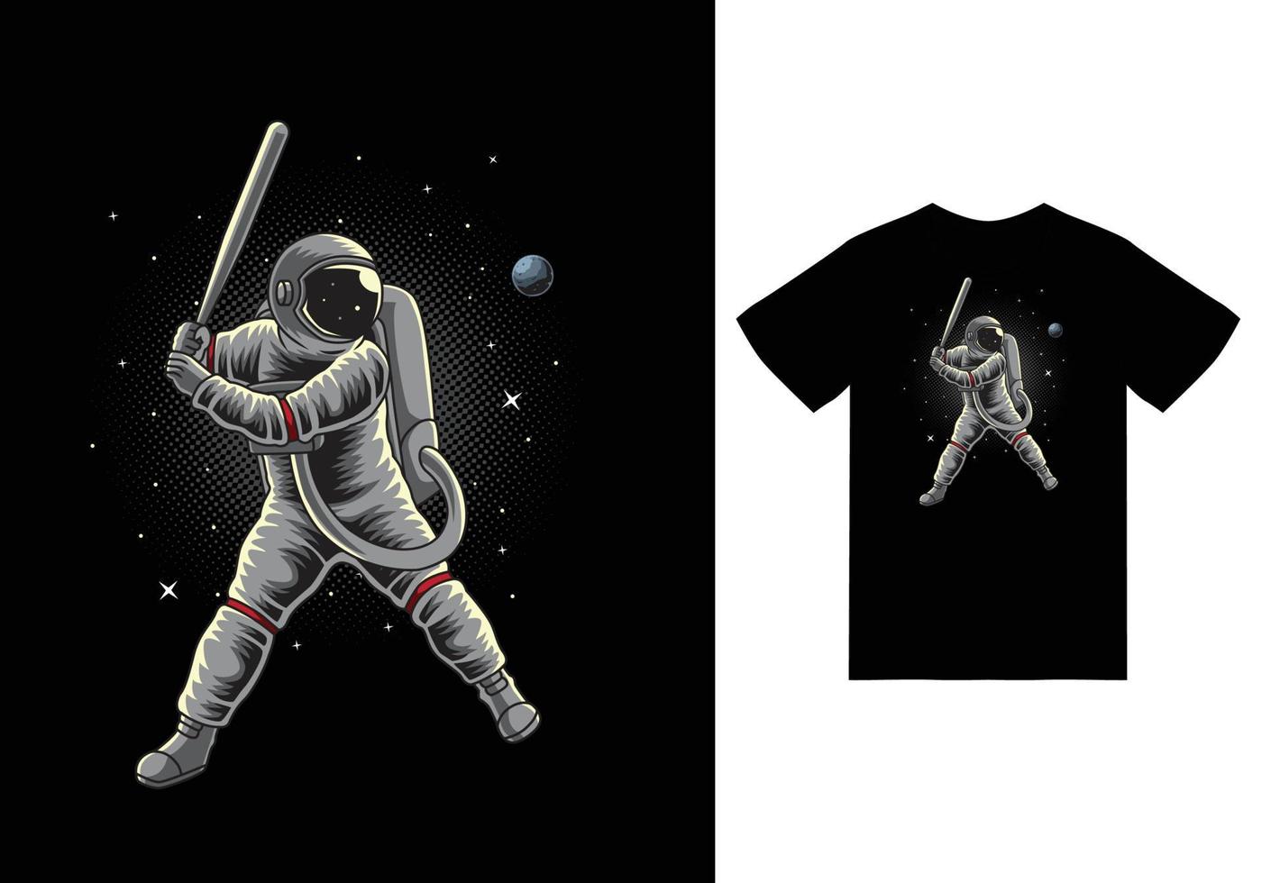 astronauta jugando béisbol en ilustración espacial con diseño de camiseta vector premium