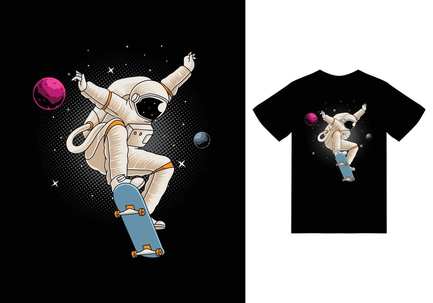 Astronaut playing skateboard in space illustration with tshirt design premium vector