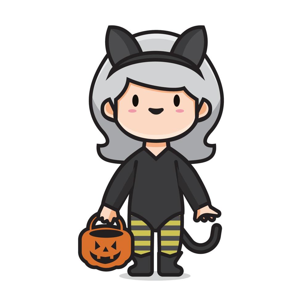 lindo disfraz de halloween gato mujer vector