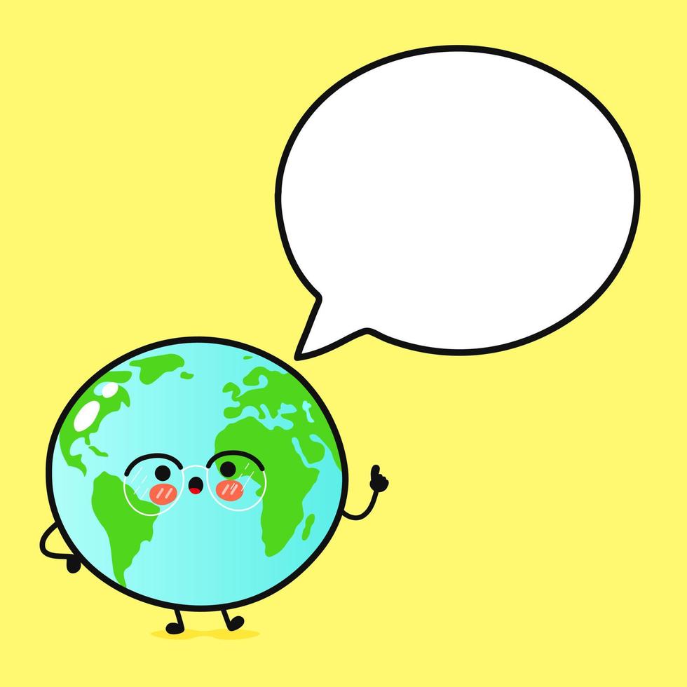 Cute funny planet Earth with speech bubble. Vector hand drawn cartoon kawaii character illustration icon. Isolated on yellow background. Planet Earth character concept