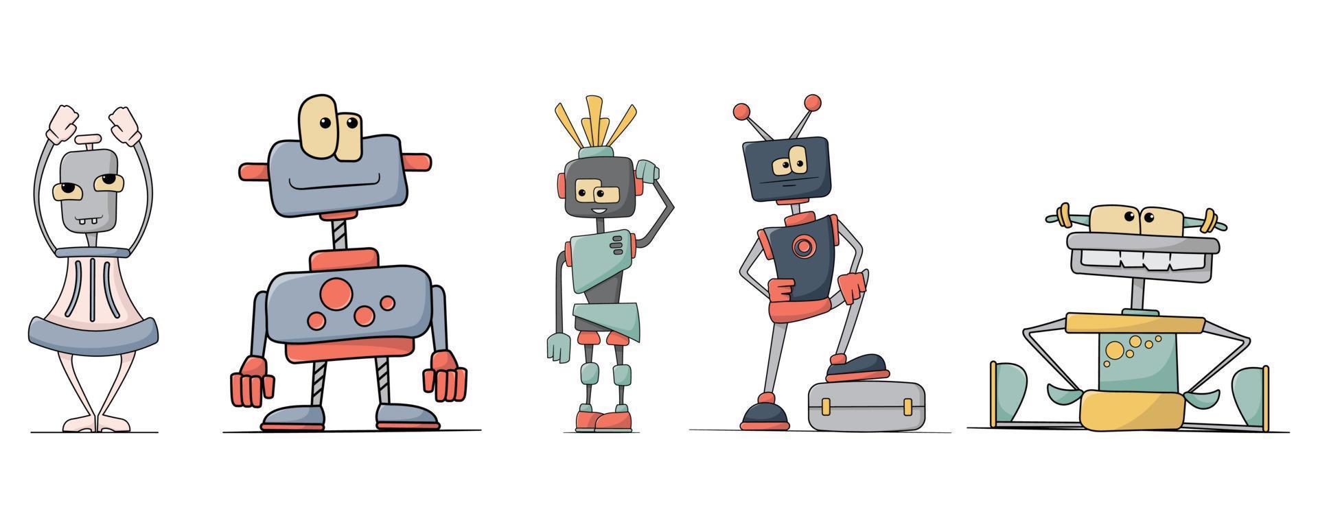 conjunto de robots de dibujos animados lindo. aislado sobre fondo blanco. vector