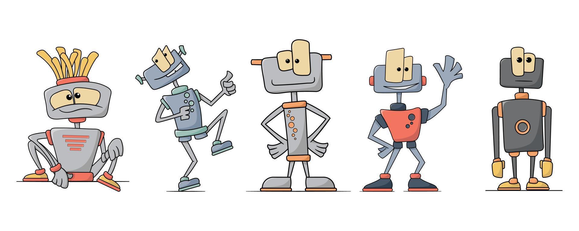 conjunto de robots de dibujos animados lindo. aislado sobre fondo blanco. vector