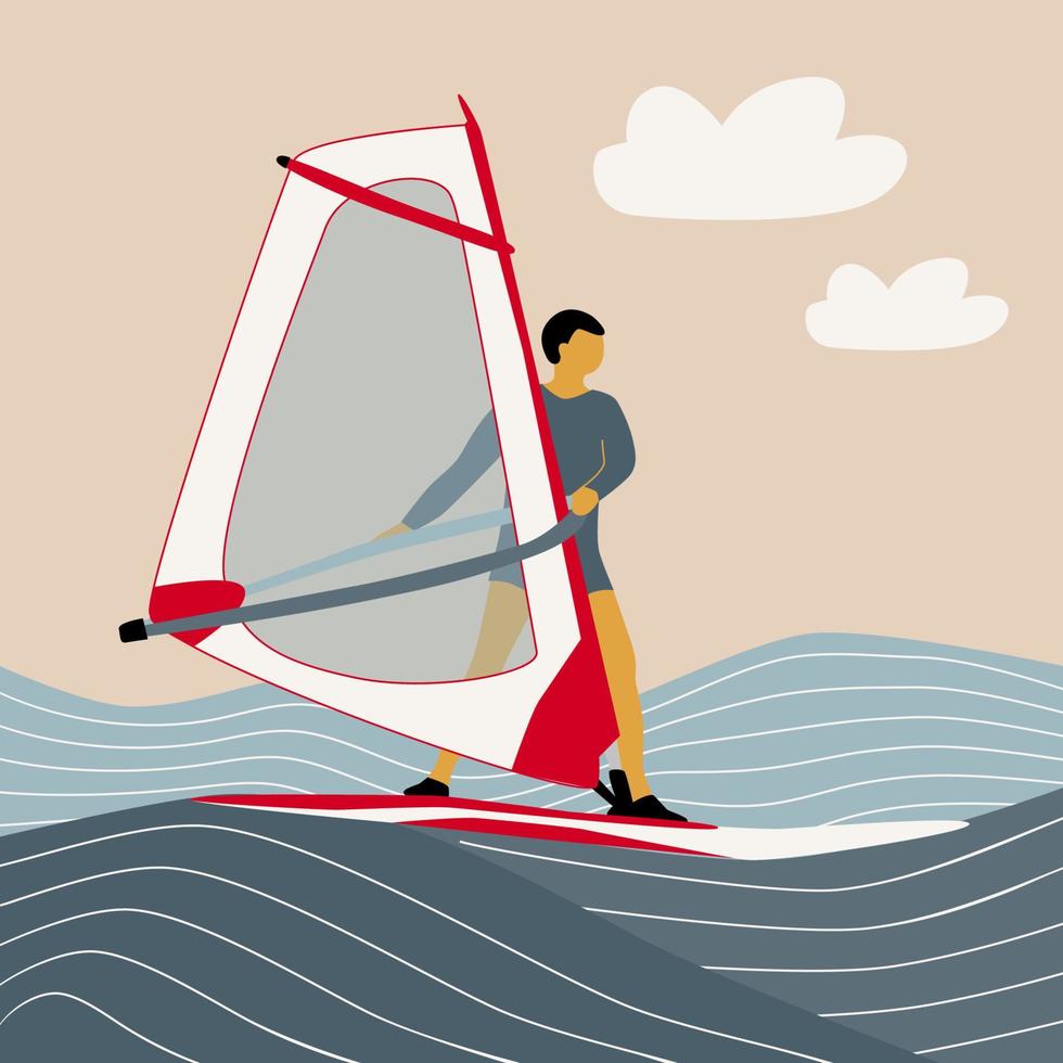 dibujar a mano ilustración vectorial hombre en windsurf, fondo abstracto del mar y el cielo, deportes acuáticos, cabalgar sobre olas, vacaciones de verano vector