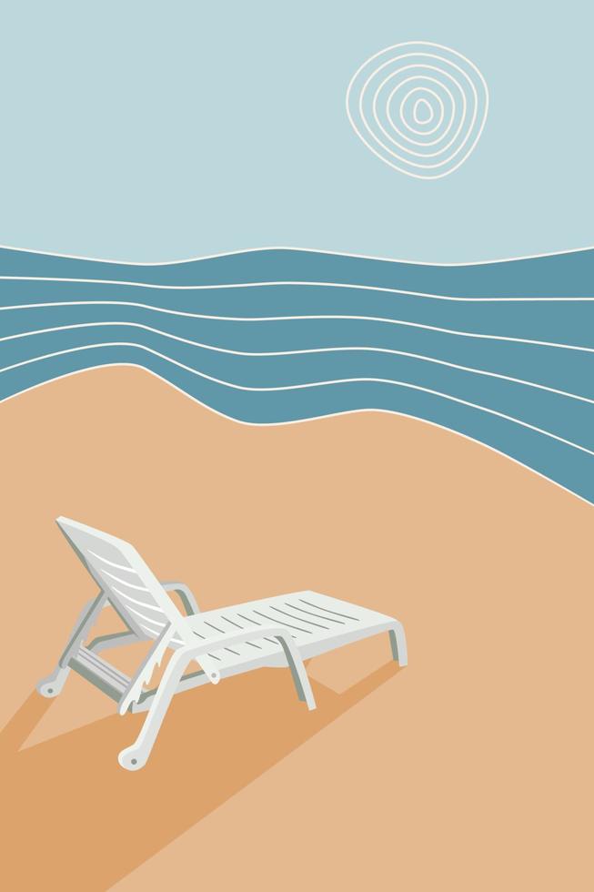 tumbona en la playa, paisaje marino de fondo abstracto, olas, sol, arena, vacaciones para pancarta, afiche, ilustración de vectores de tarjetas