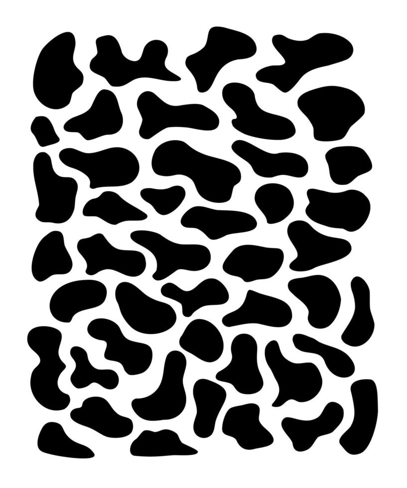 manchas negras irregulares, mancha, mancha de tinta. formas orgánicas. motas, motas gráficas. gotas de líquido, guijarros, silueta de piedra. Ilustración de vector de forma suave aleatoria simple básica de tinta