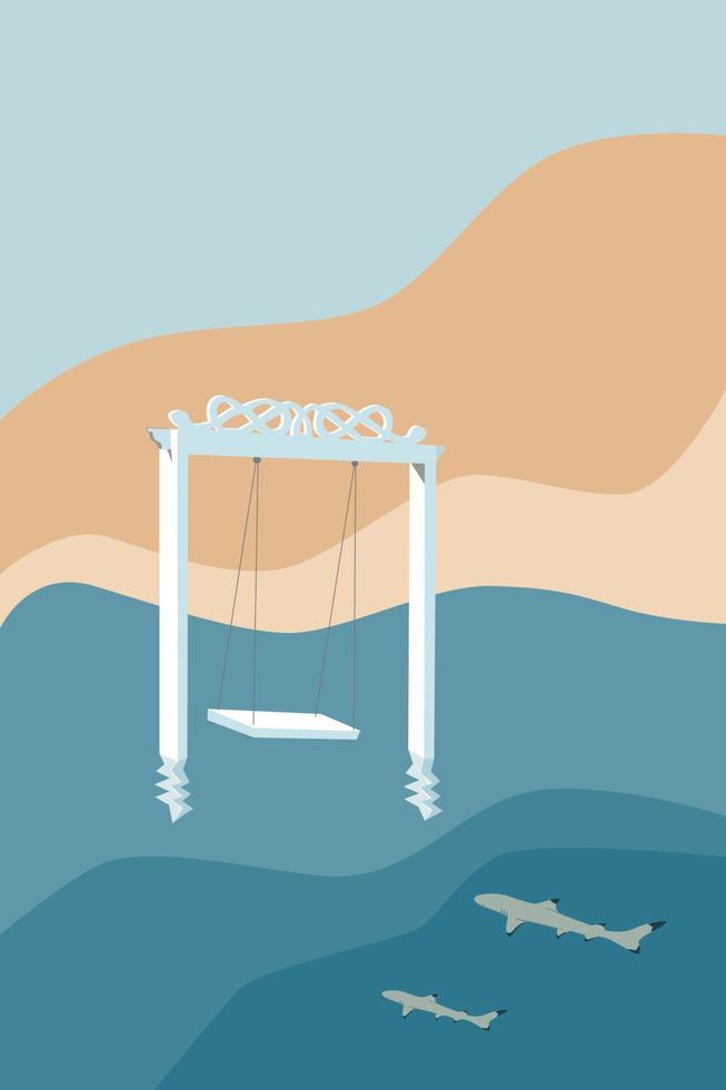 White wood tropical swing stay in the water, friendly reef sharks underwater, beach summer holiday vector illustration