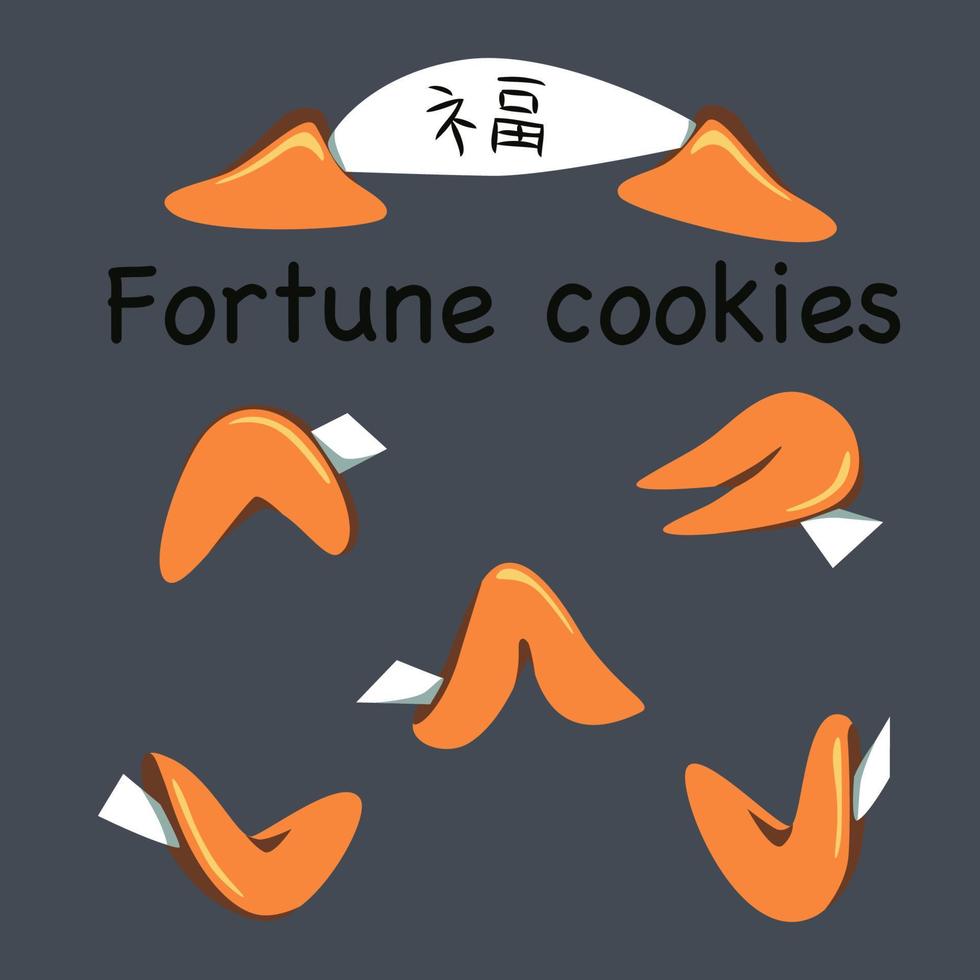 Chinese fortune cookies set. Traditional pastries with note blank inside. Translation blessing. Isoleted on background. Vector illustration