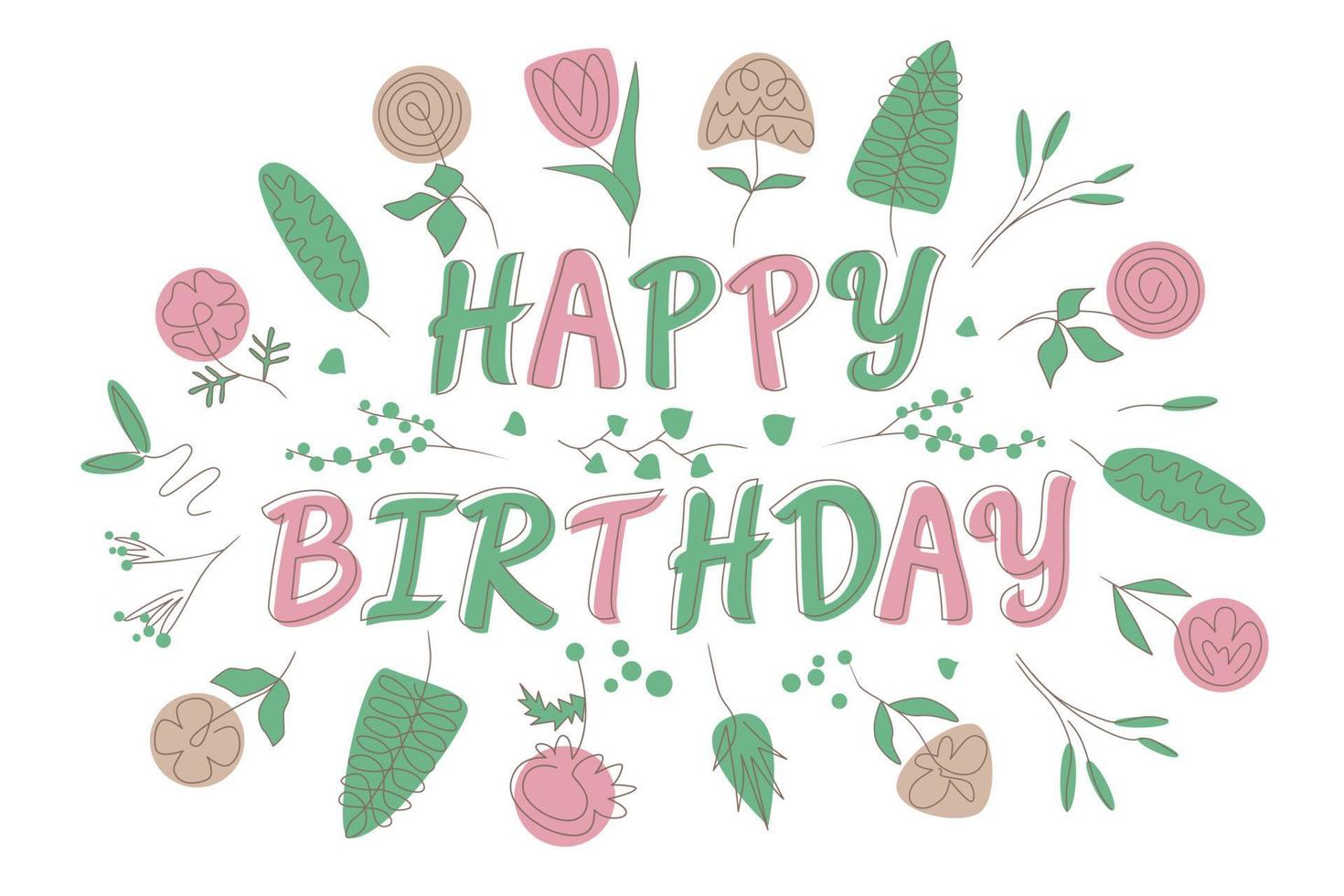 happy birthday card with flowers. vector illustration isolated on white