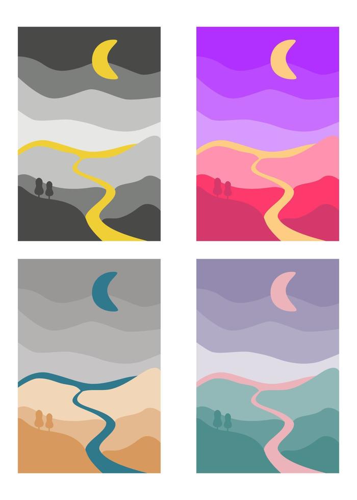 Abstract landscape colorful background. River, hills art poster set of vector illustration