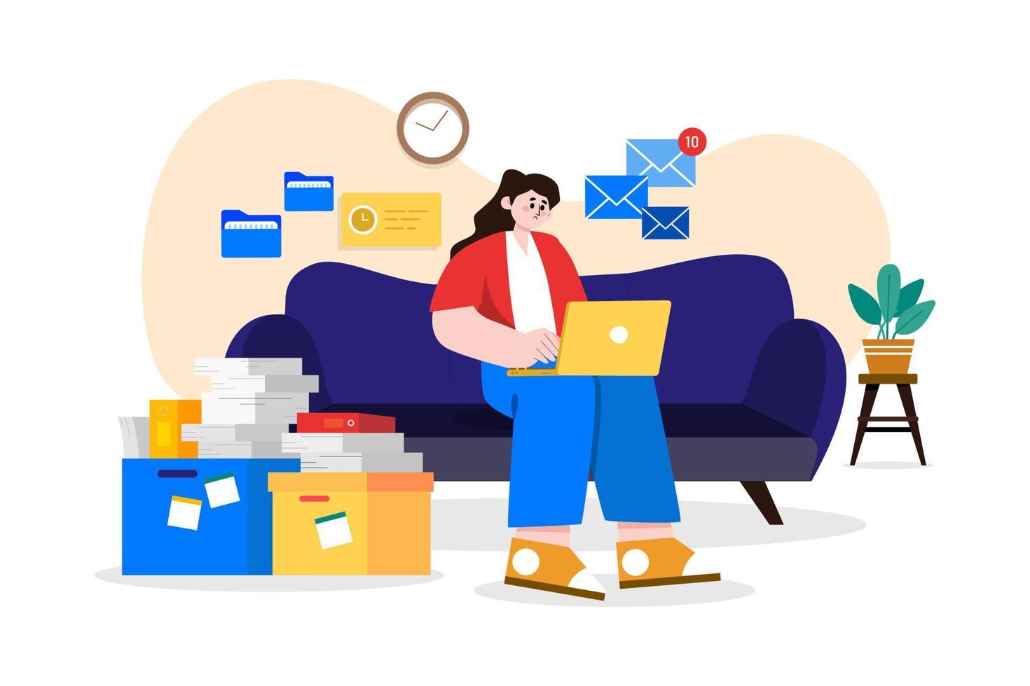 Woman Employee working from home while seating on the couch vector