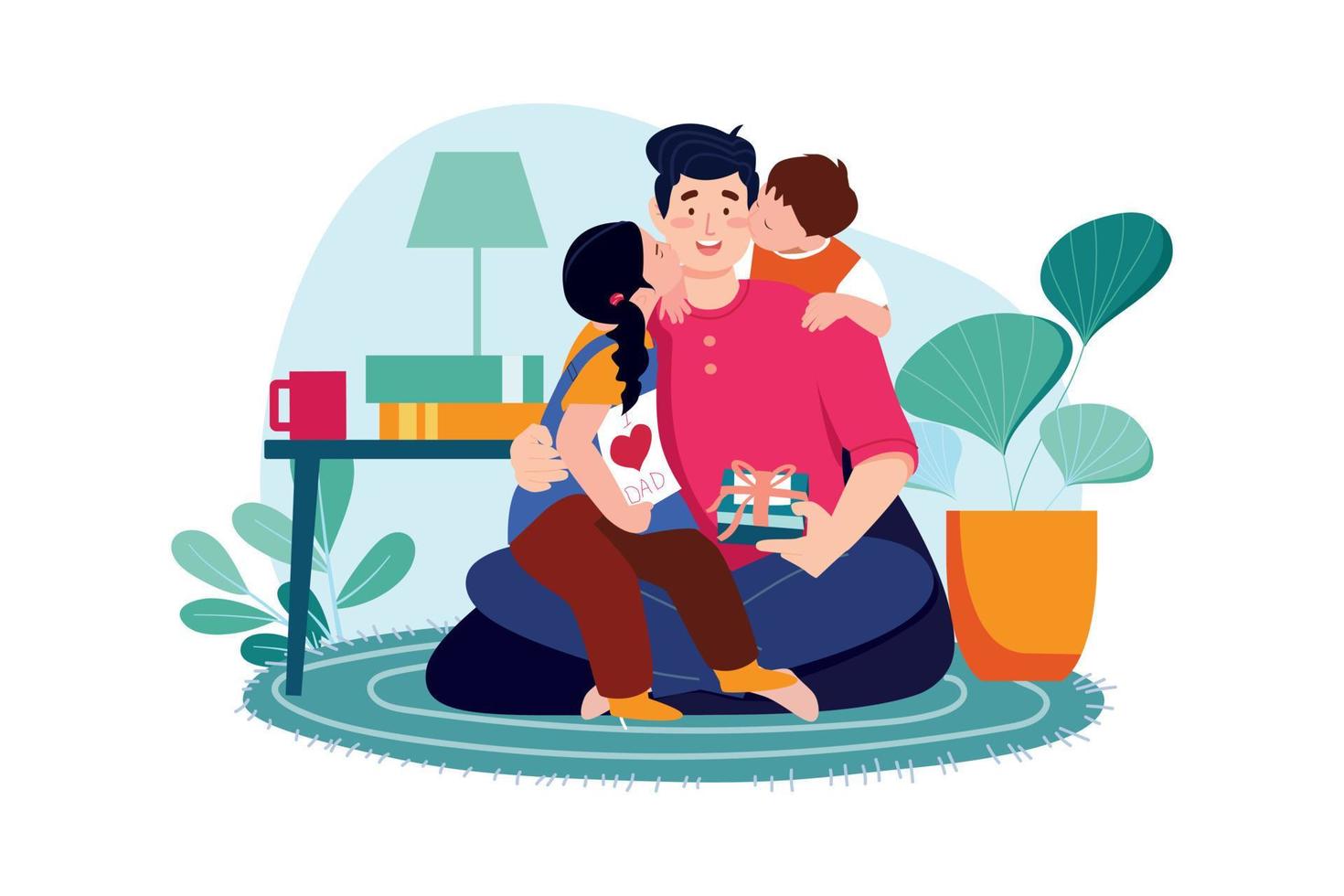 Son and daughter kiss their happy father's cheeks from both sides vector