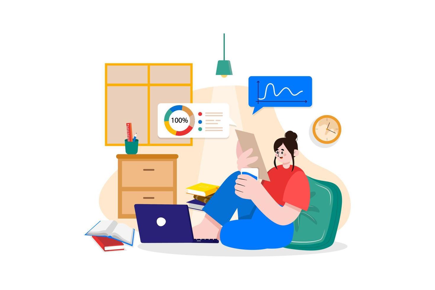 Female working on a project while seating on the floor vector
