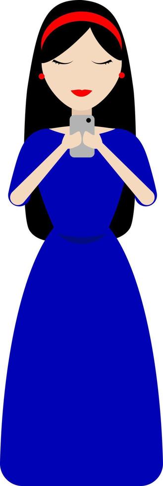 Girl in blue dress sending message via phone vector