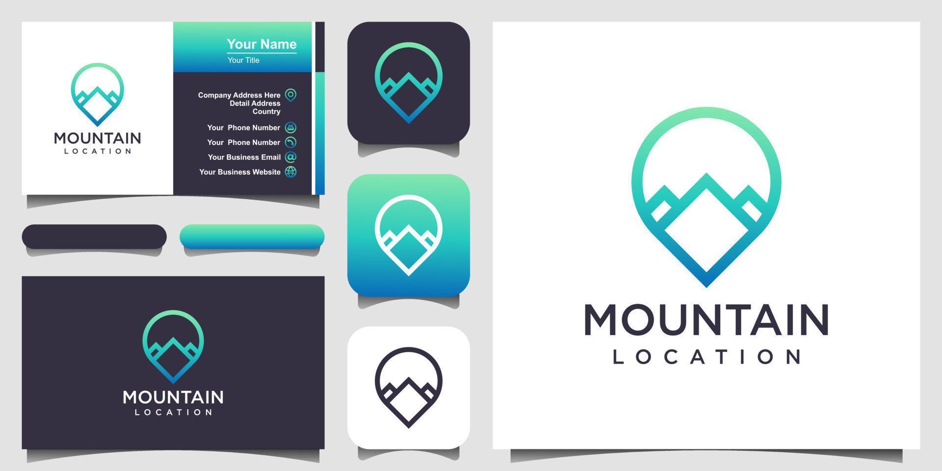 puntero de mapa con ubicación de montaña, mapas de pines combinados con cumbre. Diseño de logotipo y tarjeta de presentación. vector