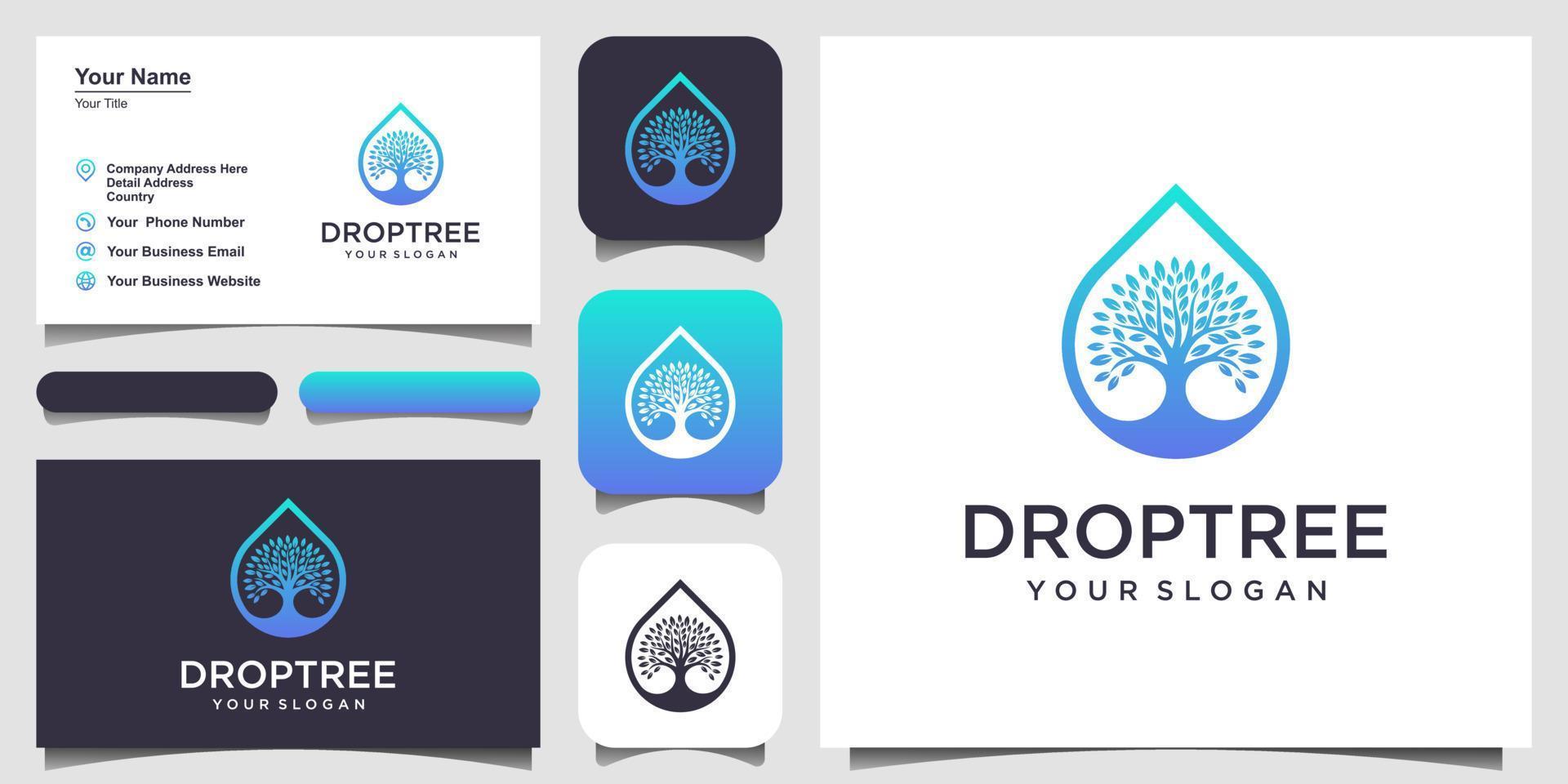 gotas o agua combinada con árbol. diseño de logotipo y tarjeta de visita vector