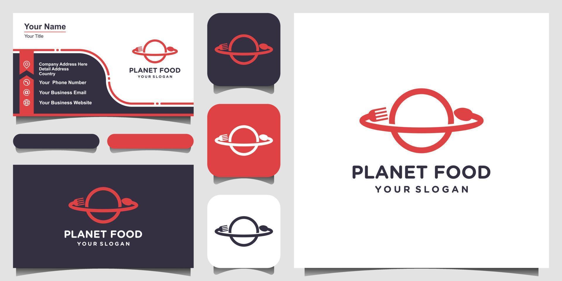 Food planet with line art style logo and business card design. vector