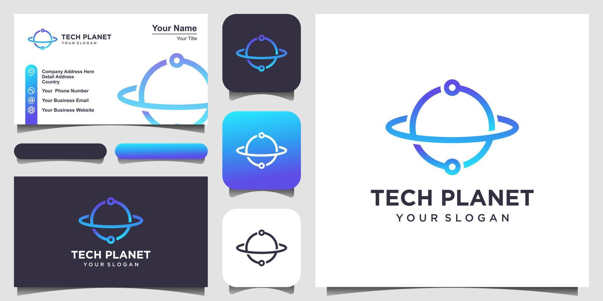 tecnología planetaria con estilo de arte lineal, logotipo y diseño de tarjetas de visita. vector