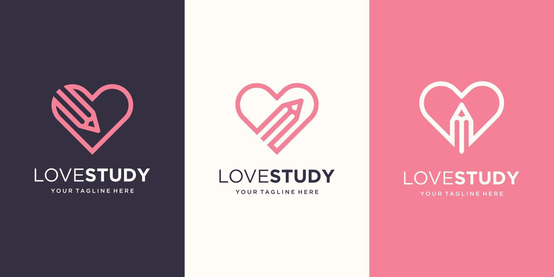 love study Logo designs Template. pencil combined with heart line art style. vector
