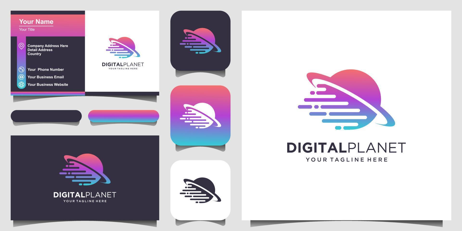 plantilla de diseños de logotipo de planeta digital. planeta combinado con signo de proceso de velocidad. vector