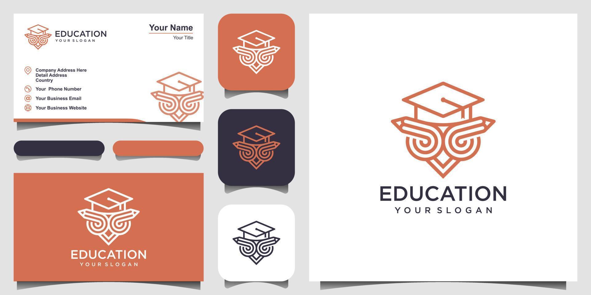 Owl in graduation cap on pencil linear icon. Education. Thin line illustration. School. Emblem of wisdom and knowledge. Contour symbol. Raster isolated outline drawing. and business card design vector