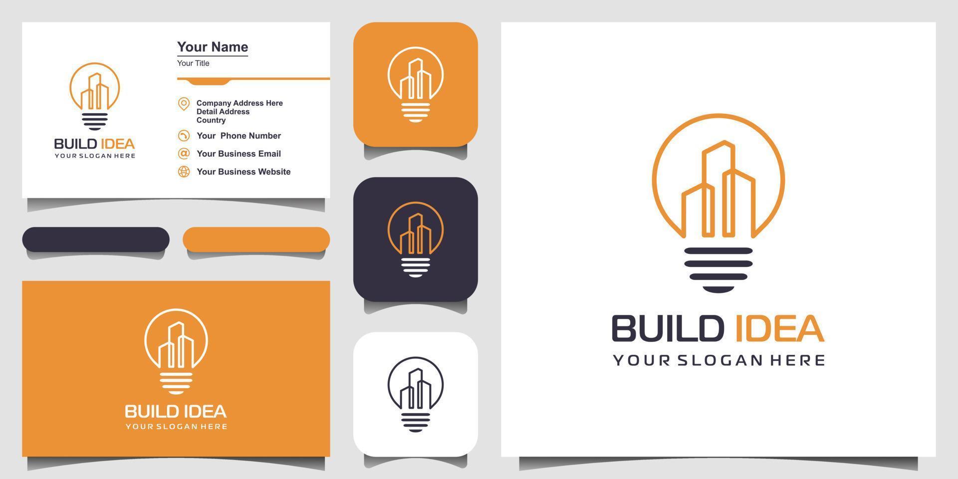 light bulb and city with line art style vector.  build idea logo and business card design best energy power electricity concept. vector