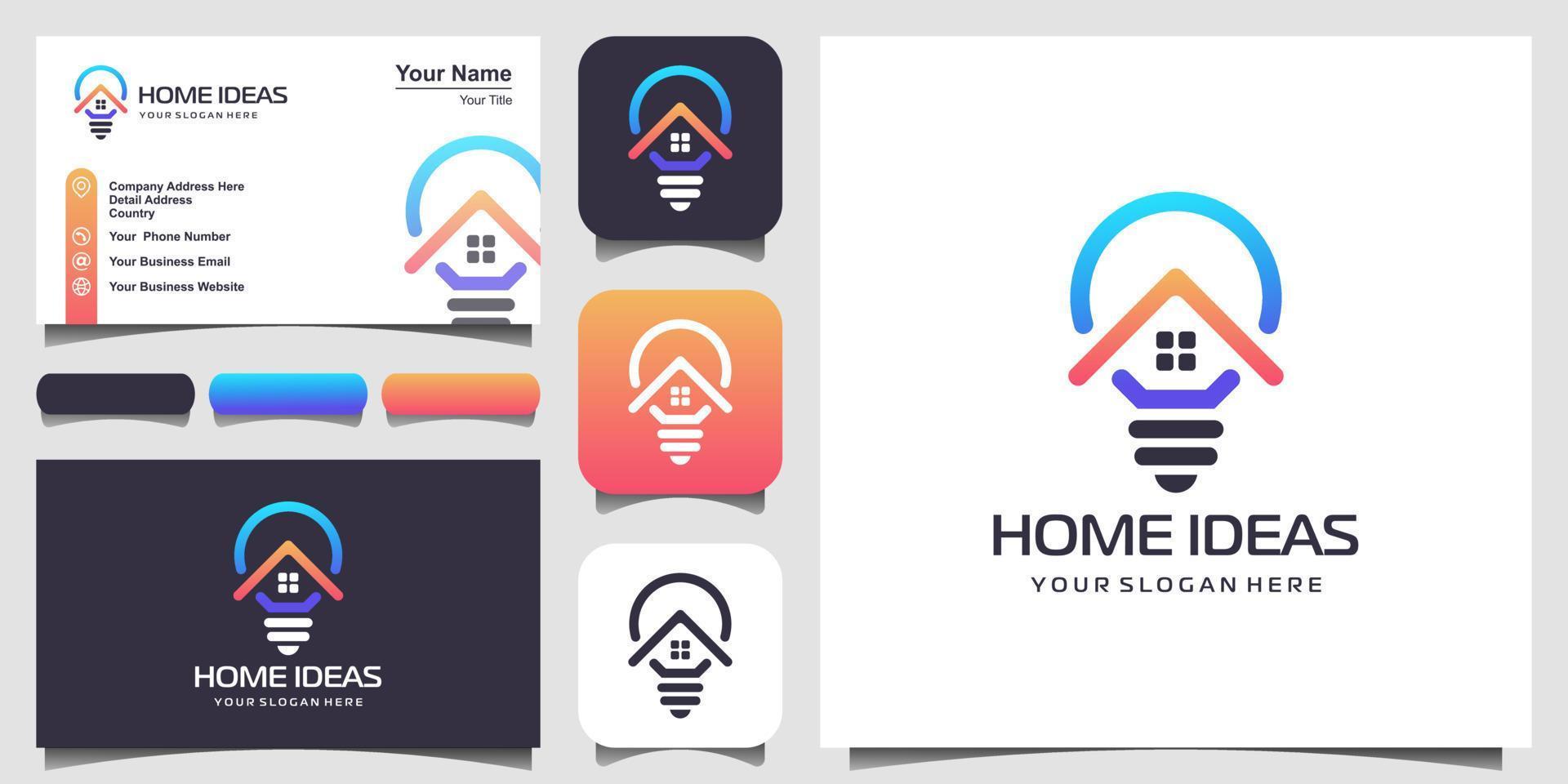 combinación de diseño de logotipo de lámpara de hogar y bombilla con estilo de arte de línea. logotipo de línea con iconos de construcción y diseño de tarjetas de visita vector