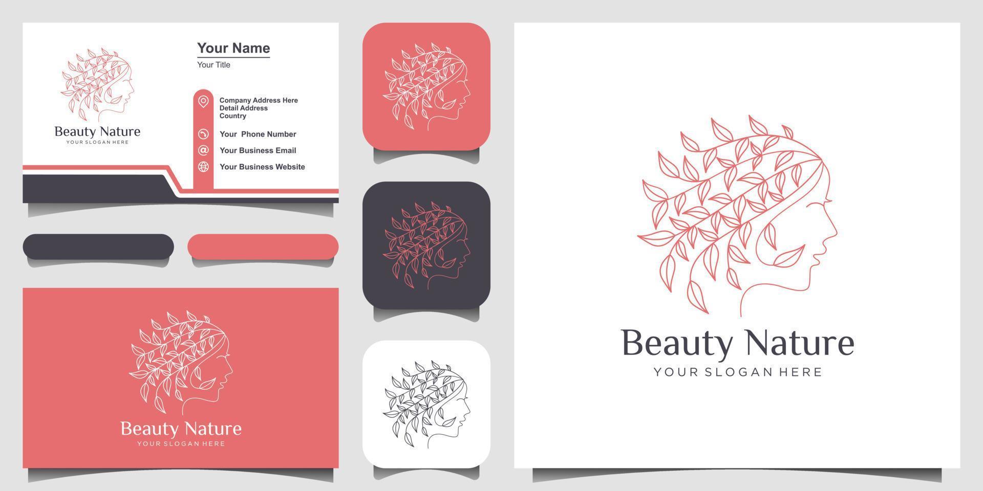 Beautiful woman's face combine leaf with line art style logo and business card design. Abstract design concept for beauty salon, fashion, massage, magazine, cosmetic and spa. vector