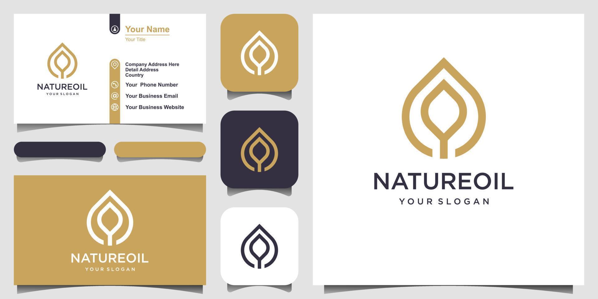 Diseño de logotipo de hoja y aceite minimalista y elegante con estilo de arte lineal. logo para belleza, cosmética, yoga y spa. diseño de logotipo y tarjeta de visita. vector
