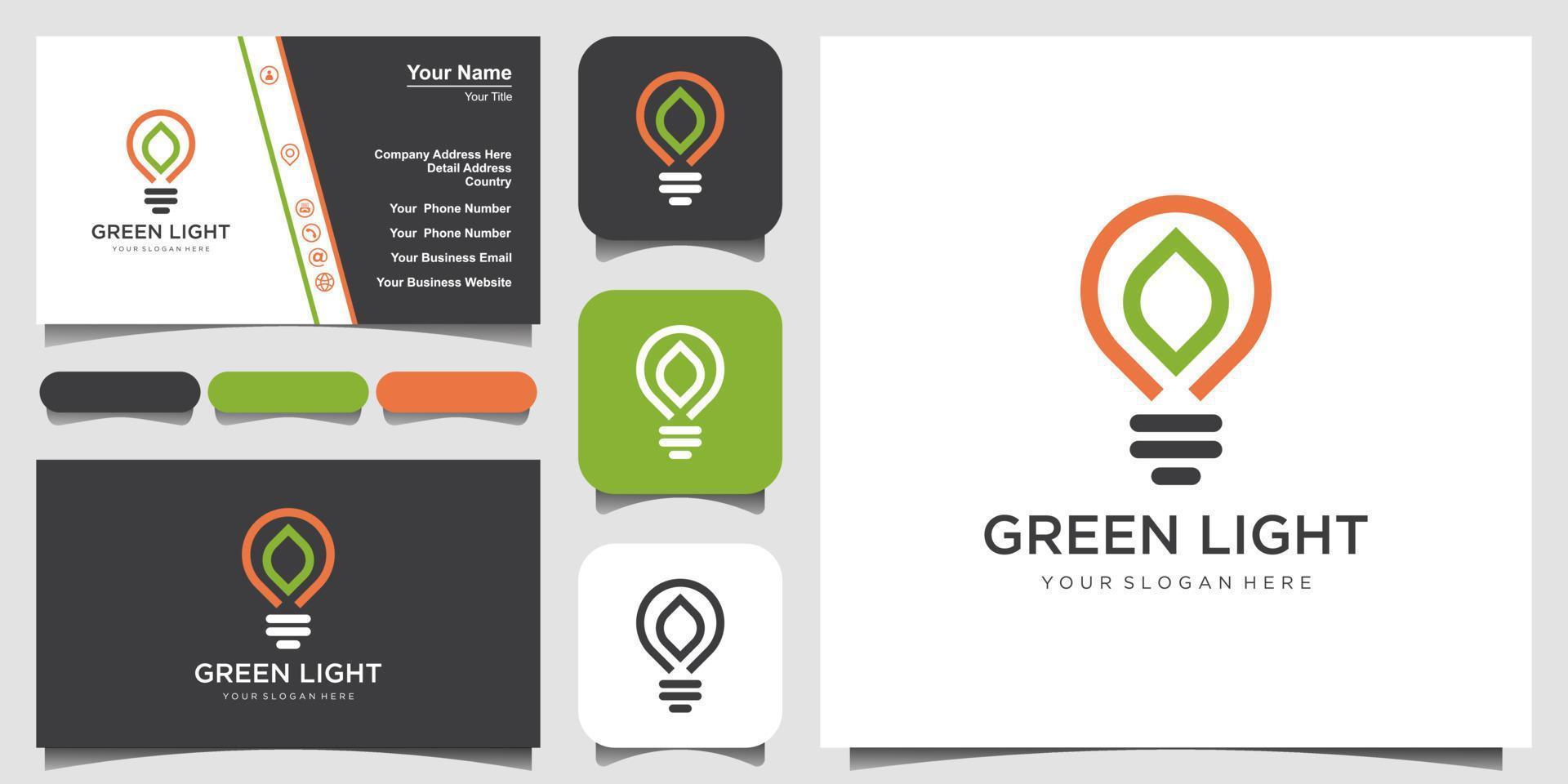 creative abstract Bulb lamp with leaf line art style logo and business card design vector. vector