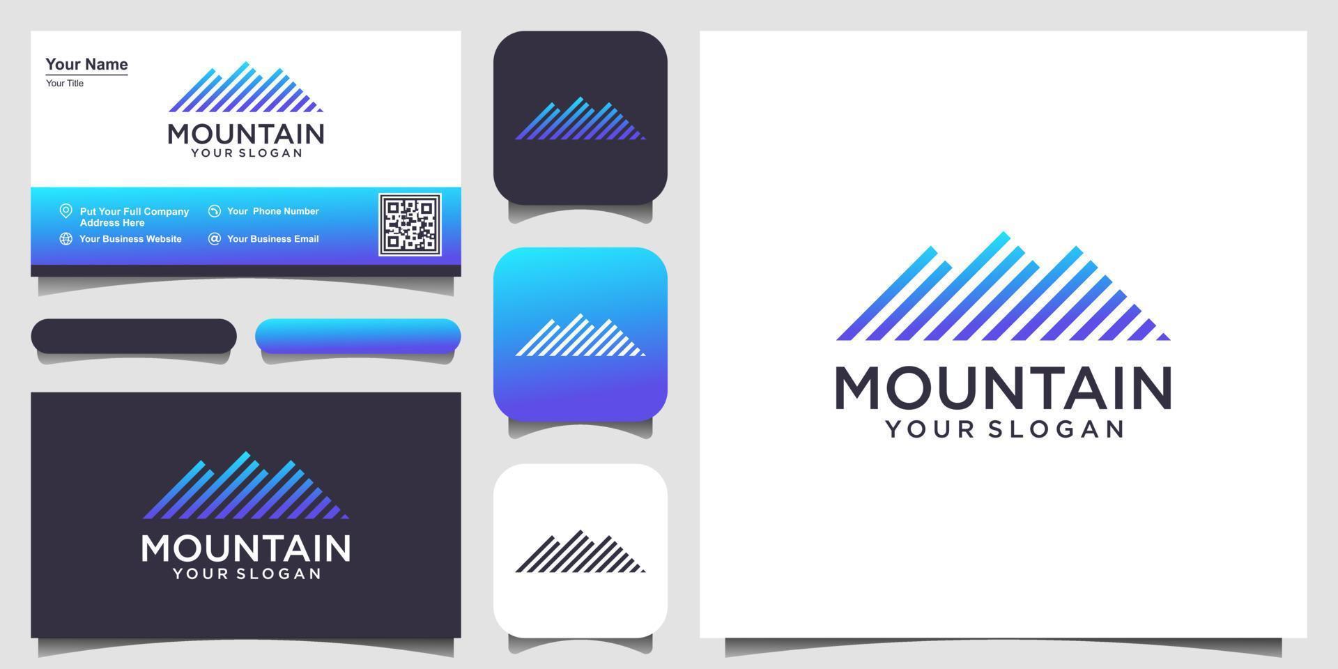 ilustración de montaña con logotipo de estilo de arte de línea y vector de diseño de tarjeta de visita.