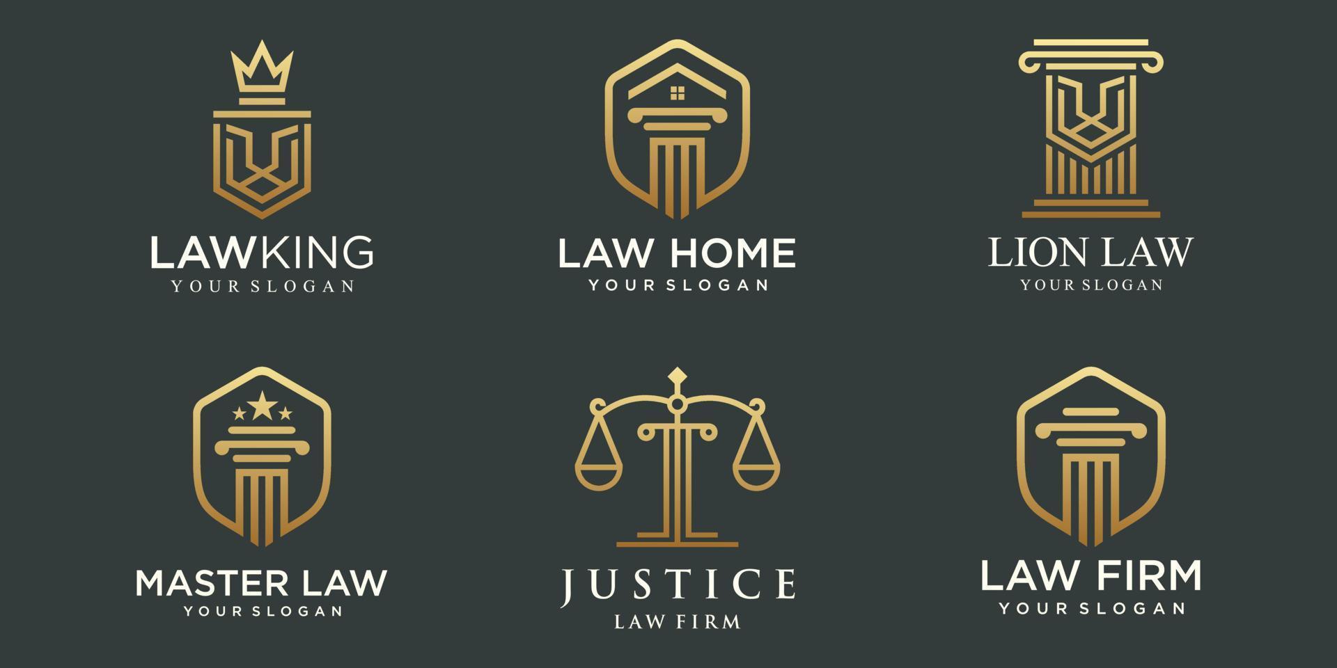 logotipos de bufetes de abogados con escalas de justicia, vector de ilustraciones de pilares.