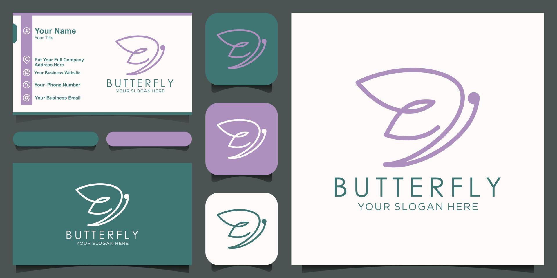 logotipo de línea mono de mariposa abstracta y vector de diseño de tarjeta de visita.