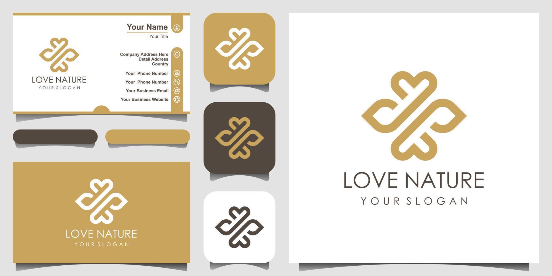 diseño de logotipo de amor de hoja y símbolo minimalista elegante con estilo de arte de línea. logo para belleza, cosmética, yoga y spa. diseño de logotipo y tarjeta de visita. vector