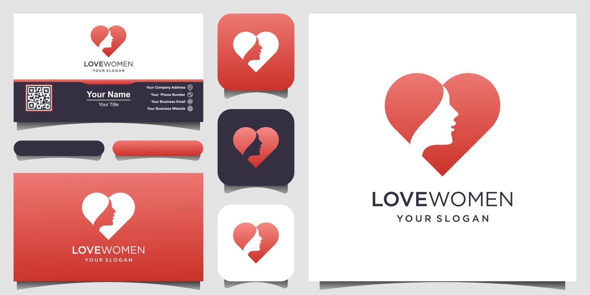silhouette woman and symbol heart Logo and business card design , head, face logo isolated. Use for beauty salon, spa, cosmetics design, etc vector