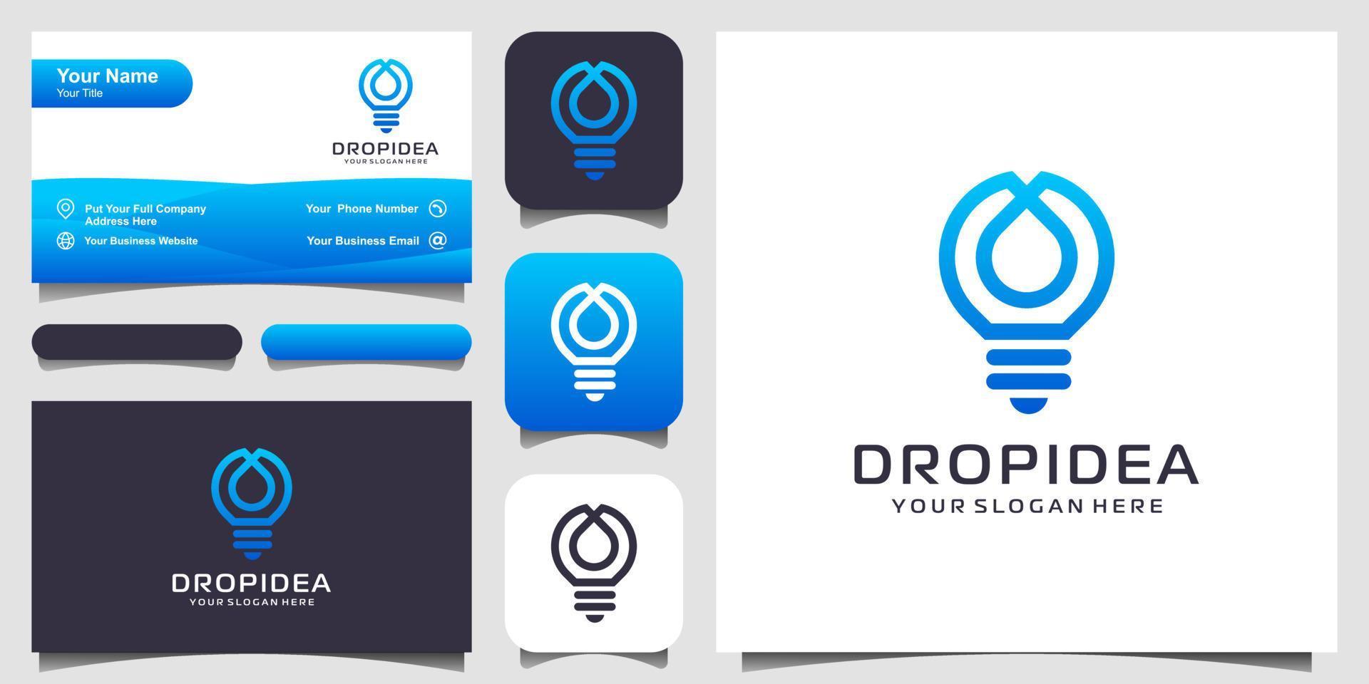 creative bulb lamp and drop or water logo and business card design. Idea creative light bulb and oil logo. vector