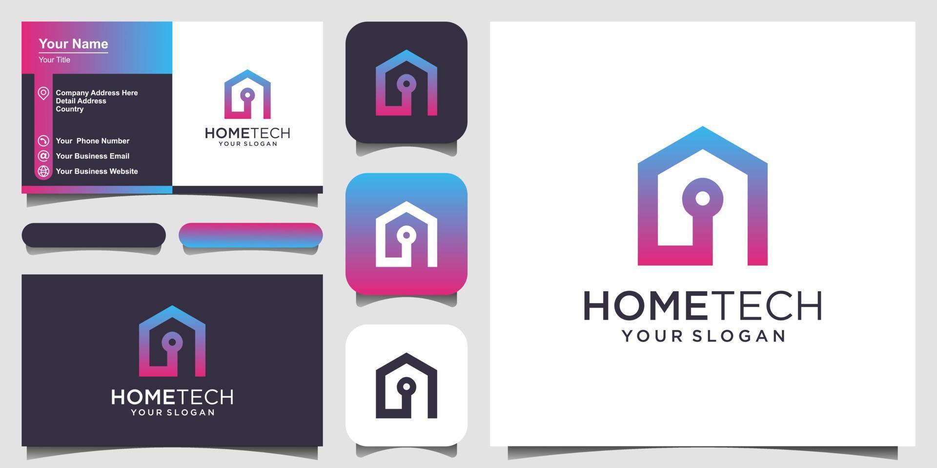 abstract home tech with line art style logo and business card design vector