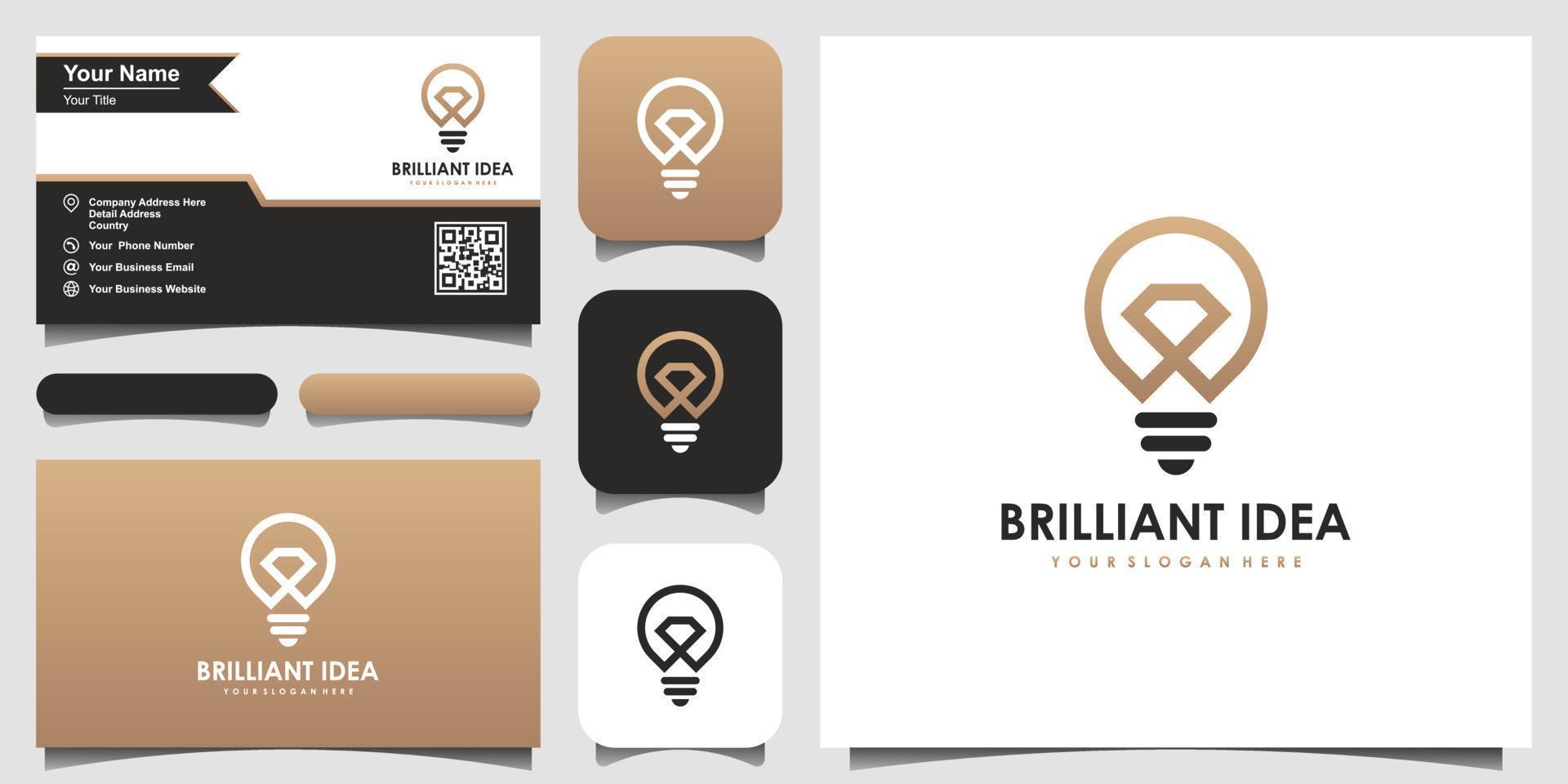 creative bulb lamp and diamond logo and business card design. Idea creative light bulb brilliant logo. vector