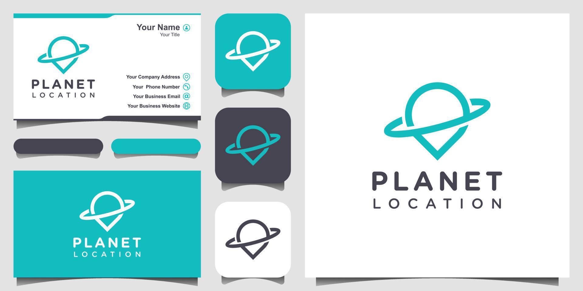 planet location with line art style, logo and business card design. vector