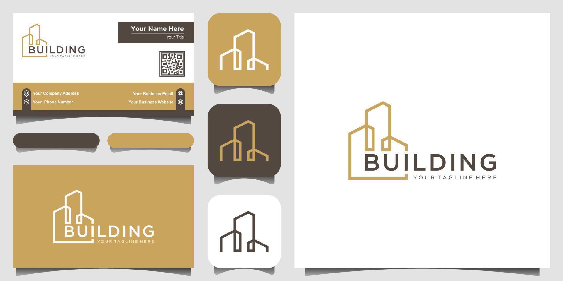 edificio con logotipo de estilo de arte de línea y diseño de tarjeta de visita. resumen de construcción de la ciudad para la inspiración del diseño del logotipo. vector