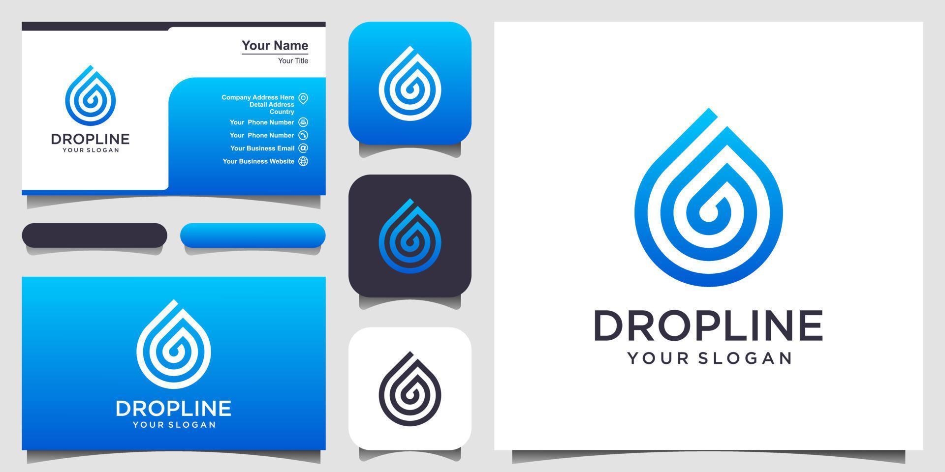 water droplet with line art style logo and business card design vector