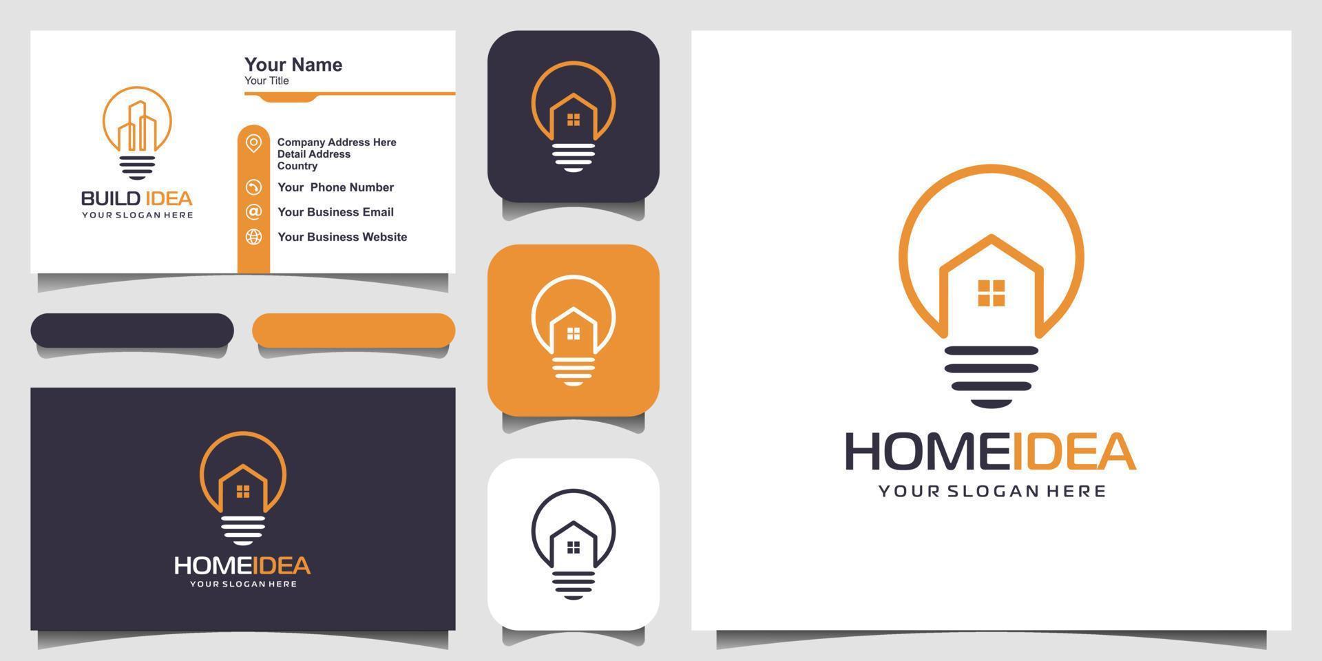 Home and bulb logo design combination with line art style. Line logo with building icons and business card design vector