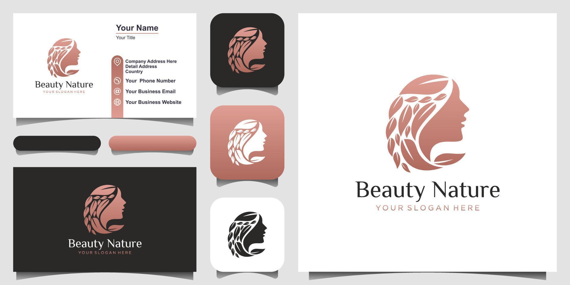 Beautiful woman's face flower star logo and business card design.  Abstract design concept for beauty salon, massage, magazine, cosmetic and spa. vector