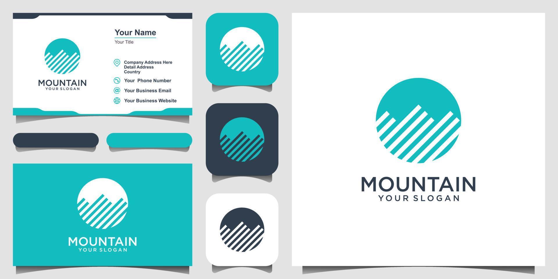 illustration of mountain with circle style logo and business card design vector. vector