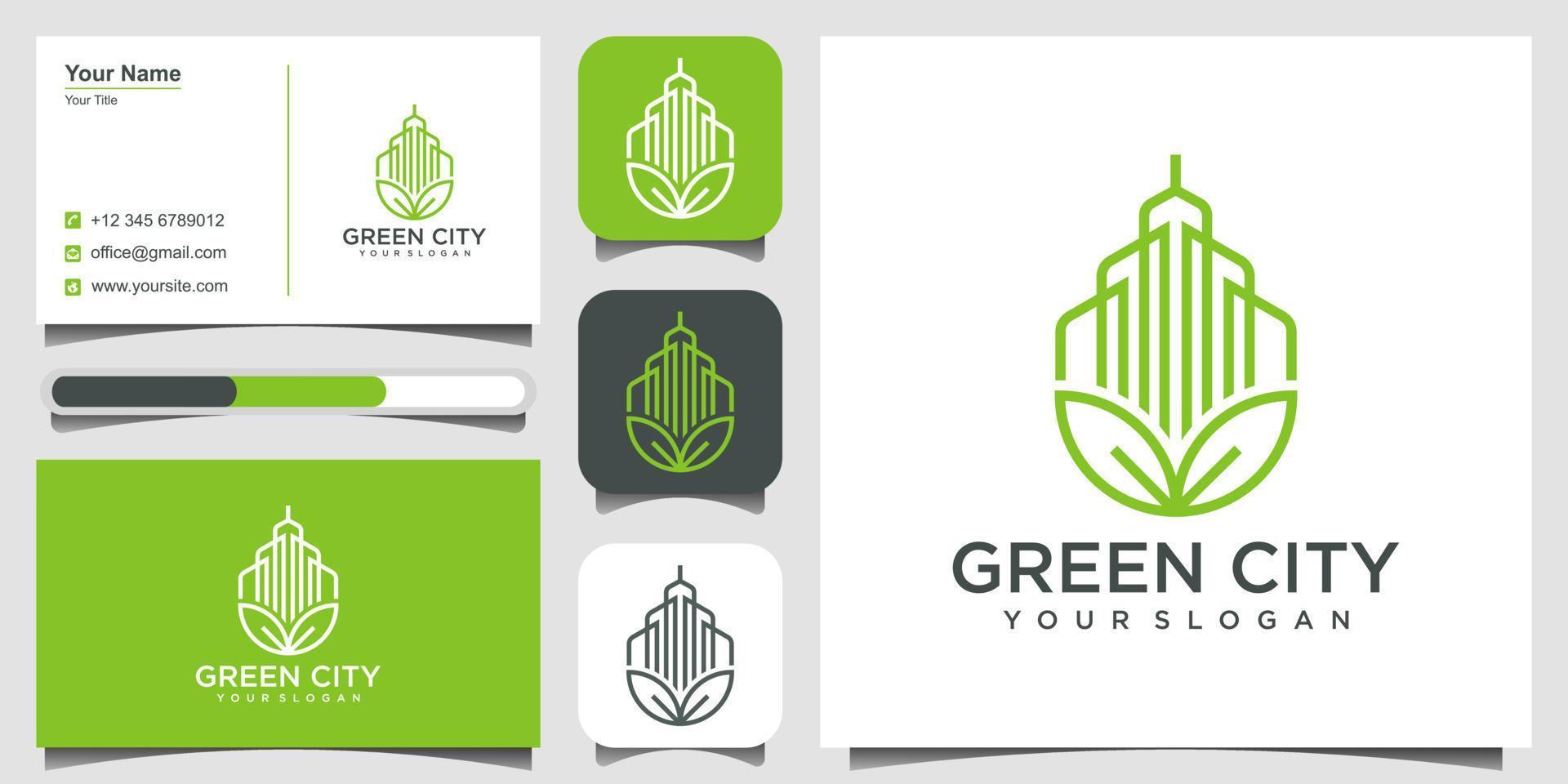 Green city Real Estate logo design vector template building. minimalist outline symbol for environmentally friendly buildings. icon and business card Premium Vector.