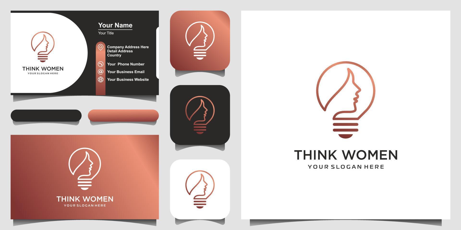 Female in bulb lamp with line art logo and business card design vector