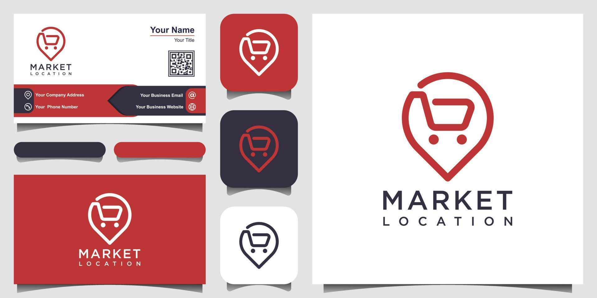 puntero de mapa con ubicación de compras, mapas de pines combinados con cesta. Diseño de logotipo y tarjeta de presentación. vector