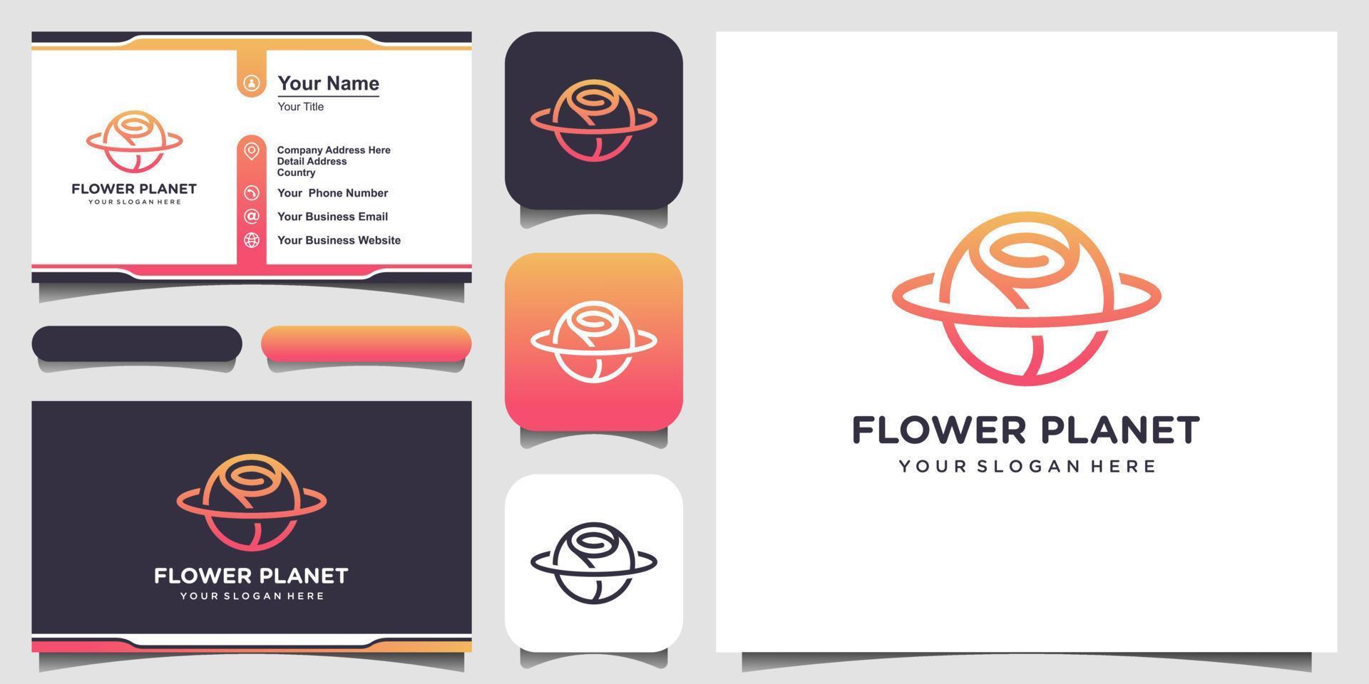 concepto de logotipo creativo de flor de planeta y diseño de tarjeta de visita vector